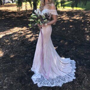 Romantic Off-the Shoulder Lace + Embroidered Wedding Dress